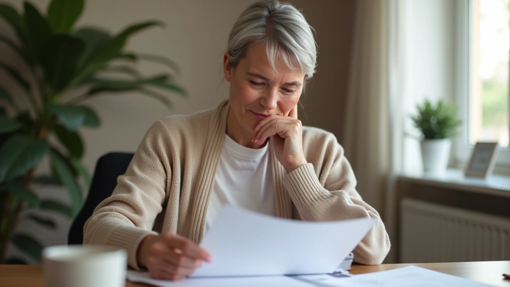 Personne consultant un relevé de carrière à son domicile, documents financiers sur la table