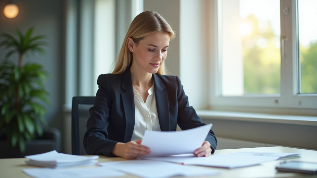 Femme examinant des documents de planification retraite dans un bureau moderne et lumineux